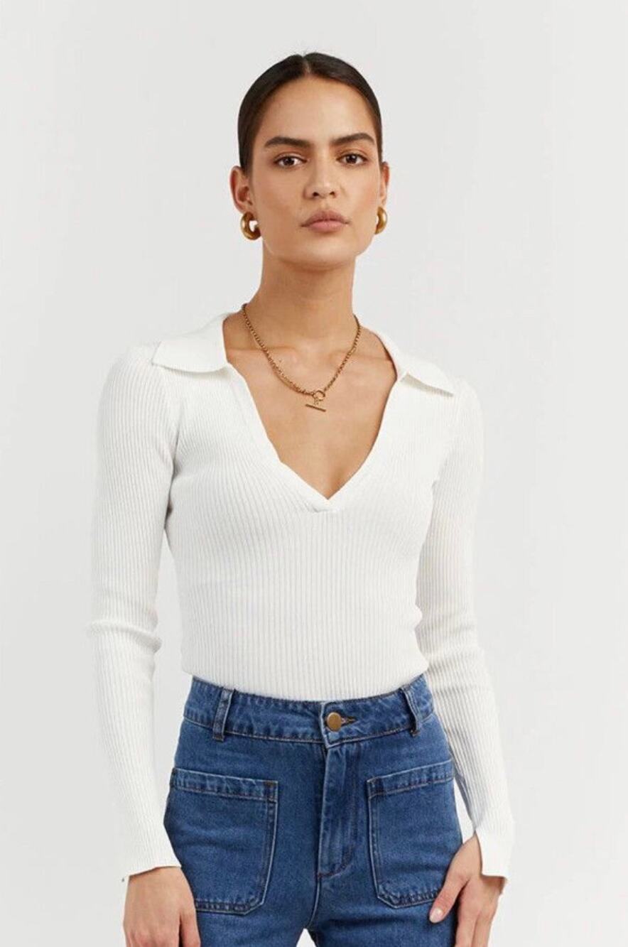 NWT Dissh Fenton White Collared Sleeved Top Sz. M